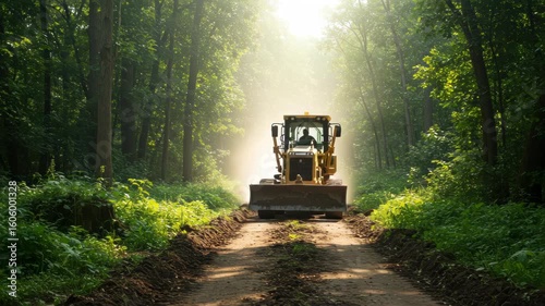 Heavy Equipment Bulldozer Working Through Forest Clearing Path for Construction