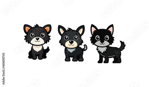 Three cute chibi black dogs with big eyes and perky ears
