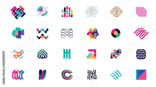 A vibrant vector design with a set of abstract, colorful symbols, letters, and icons