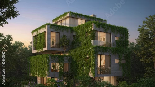 Modern architectural design with vertical greenery featuring innovative building structure and