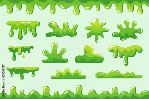 Green slime border collection, dripping goo frame set, cartoon slime pack, vector illustration, Halloween design