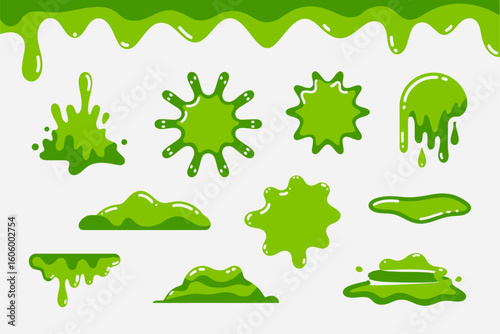 Green slime splatter set, dripping goo elements, cartoon slime shapes, vector illustration, Halloween border pack