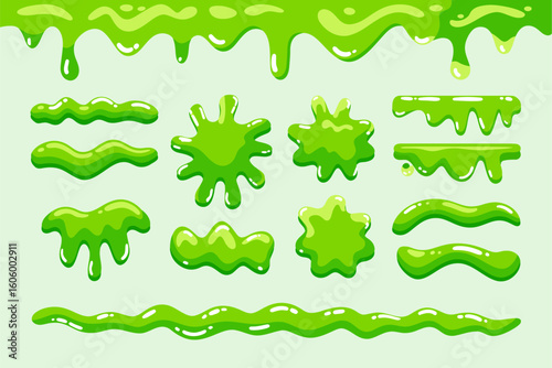 Green slime splatter and drip set, cartoon goo border collection, vector illustration, Halloween slime pack