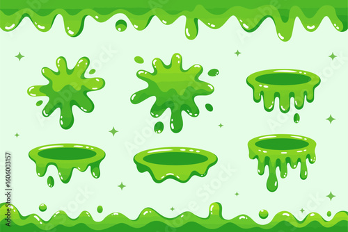Green slime drip and splatter set, cartoon goo border collection, vector illustration, Halloween slime design