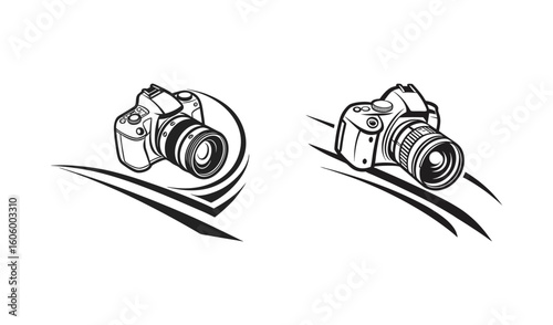 Two stylized dslr cameras with abstract line art elements