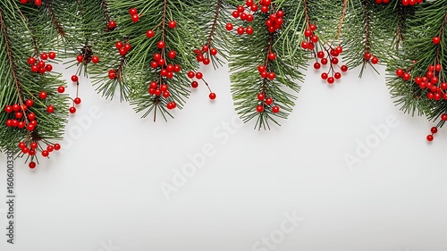 Festive evergreen boughs adorned with vibrant red berries cascade along the upper border.