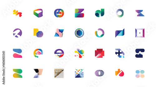 A set of colorful vector icons for web, a vibrant alphabet font, and business logos with arrows, circles, and globes for modern media design