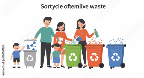 A happy family with children sorting garbage together into recycling bins. Environmental consciousness concept.