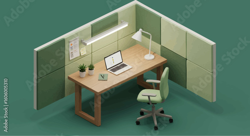 Modern office cubicle concept illustration. Isometric 3D rendering of a minimalist and organized corporate workspace with a desk and laptop.
