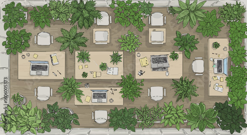 Top-down illustration of a modern biophilic office design concept, a green workspace with lush indoor plants and desks.