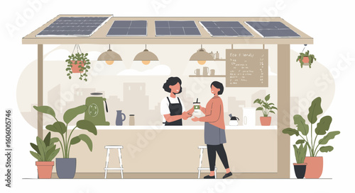 Woman buying a healthy drink from a sustainable small business stall powered by solar energy.