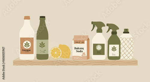 Eco-friendly household cleaning concept with natural DIY products. Sustainable living illustration with vinegar, baking soda, and lemon.