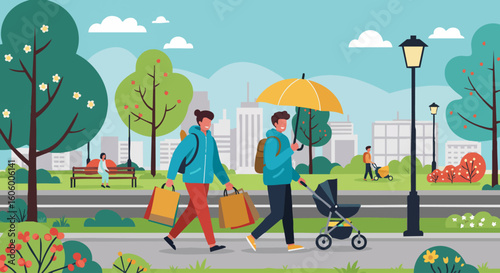A happy same-sex male couple walking with a baby in a stroller through a city park after a day of shopping. Modern family concept.