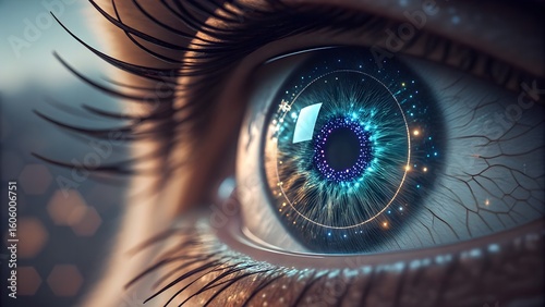 Macro iris reflection over digital sparkle grid, beauty tech