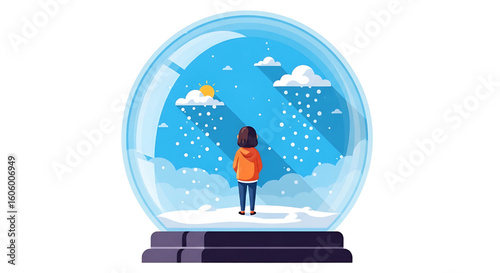 A stylized snow globe depicting a person facing away, surrounded by wintery weather elements.