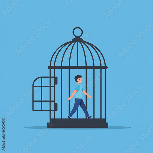 A man walks freely within an open birdcage, symbolizing inner freedom despite external constraints.