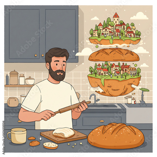 A bearded man bakes bread, a whimsical village floats within the loaf, showcasing culinary artistry and imagination.