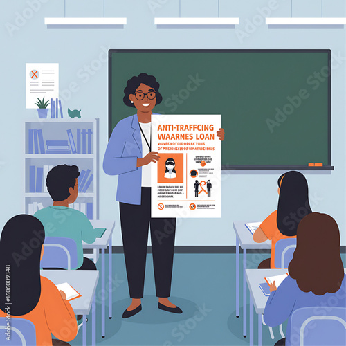 A teacher presents an anti-trafficking awareness poster to students in a classroom setting.