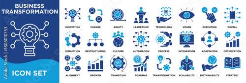 BUSINESS TRANSFORMATION icon collection set. Containing strategy, innovation, change, agility, leadership, vision, execution, digital, disruption, restructuring icon. dual tone vector.	