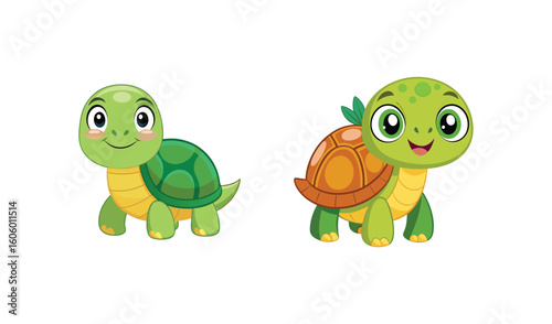 Two cute cartoon baby turtles with big eyes and green shells
