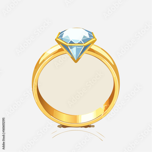 Flat lay vector view of a wedding ring set: gold band, diamond solitaire, and engraving, against a pristine white background
