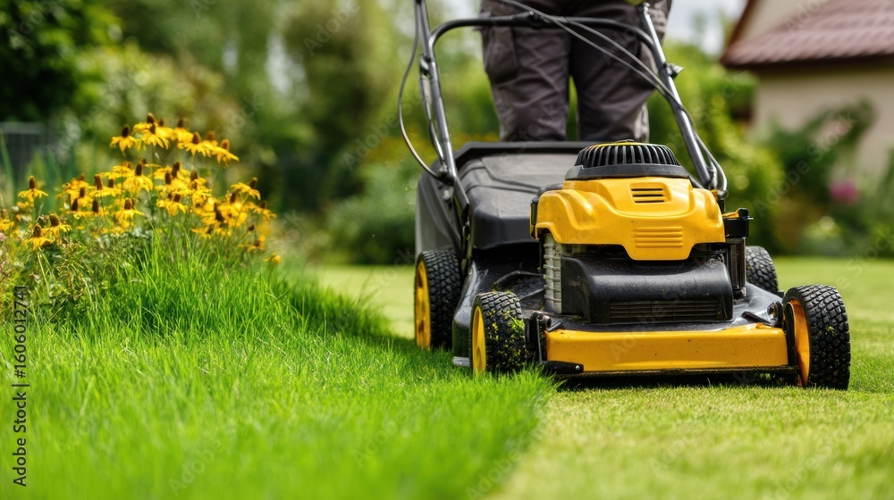 Fototapeta premium A man mowing a lawn with a yellow and black lawn mower in a well-maintained garden with yellow flowers.