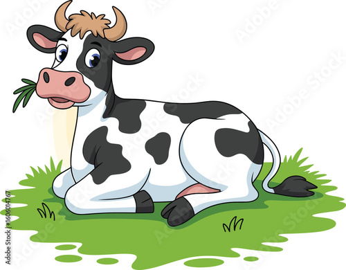 Cartoon cow lying on green grass chewing food, funny farm animal illustration for kids, agricultural learning, or dairy education