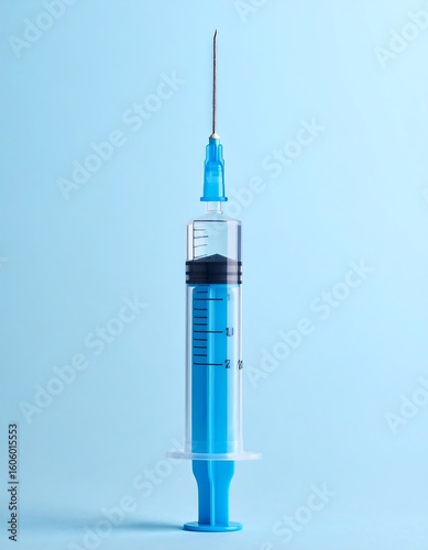 A single blue syringe against a light blue background