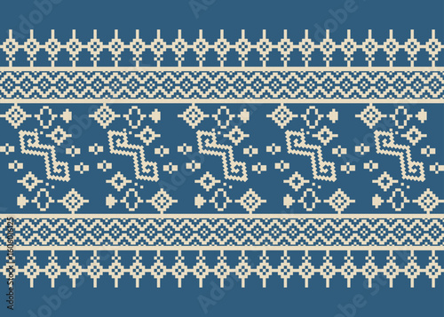 Pixel Thai Tribal Geometric Pattern in Cream and Navy Blue – Seamless Ethnic Fabric Design