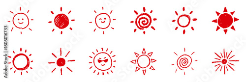 手書き　太陽　アイコン　赤　ベクター　セット