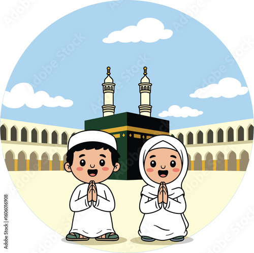 Cute Muslim kids praying in front of Kaaba in Mecca, cartoon Islamic pilgrimage illustration for Hajj, Umrah, religion education