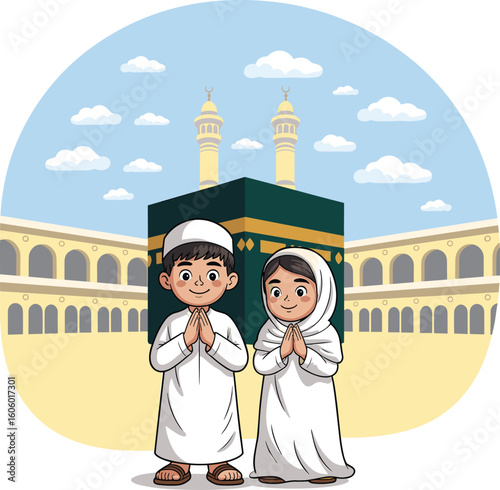 Muslim kids in Ihram clothing praying in front of Kaaba, Islamic pilgrimage cartoon illustration for Hajj, Umrah, religion education