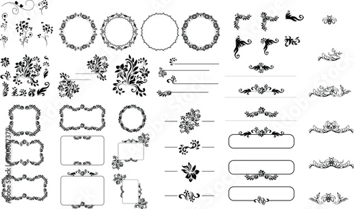 Vintage calligraphic design elements set with ornate Victorian floral frames, borders, swirls, and scroll dividers for page decoration