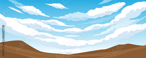 blue cloudy sky illustration for background with with grass and bushes growing