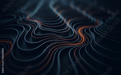 A dark, abstract 3D render of curved lines creating a topographic-like pattern against a black background. 
