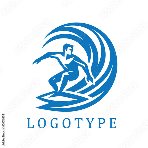 Dynamic blue and white logo of a surfer executing a sharp mid-turn on a powerful wave. Clean geometric lines convey motion, intensity, and modern style.