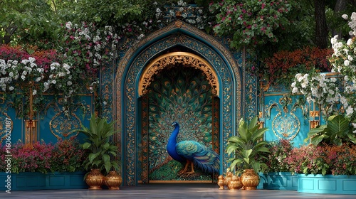 Traditional Mughal Garden Arch with Plants and Peacock – Seamless Pattern

