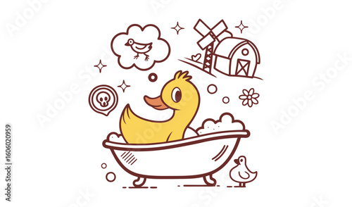 Cute cartoon yellow duck taking a bubble bath on a farm
