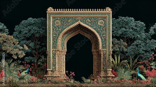 Traditional Mughal Garden Arch with Plants and Peacock – Seamless Pattern

