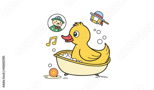Cute cartoon yellow rubber duck enjoying a bubble bath with toys and music