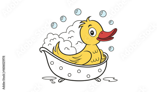 Cute cartoon yellow duckling taking a bubble bath in a bathtub