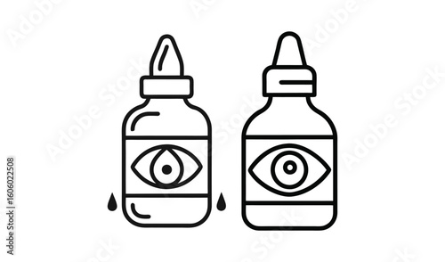 Two outline bottles of eye drops with eye symbol illustration