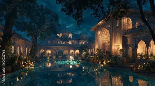 Traditional Mughal Garden at Night with Temple Arch

