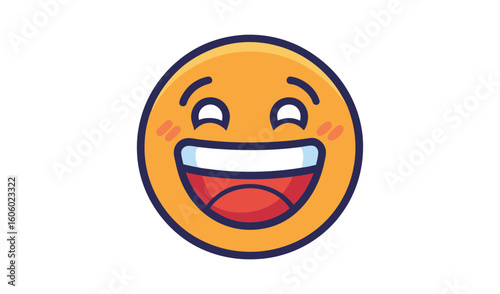 Joyful orange egg character with a wide grinning mouth and closed eyes