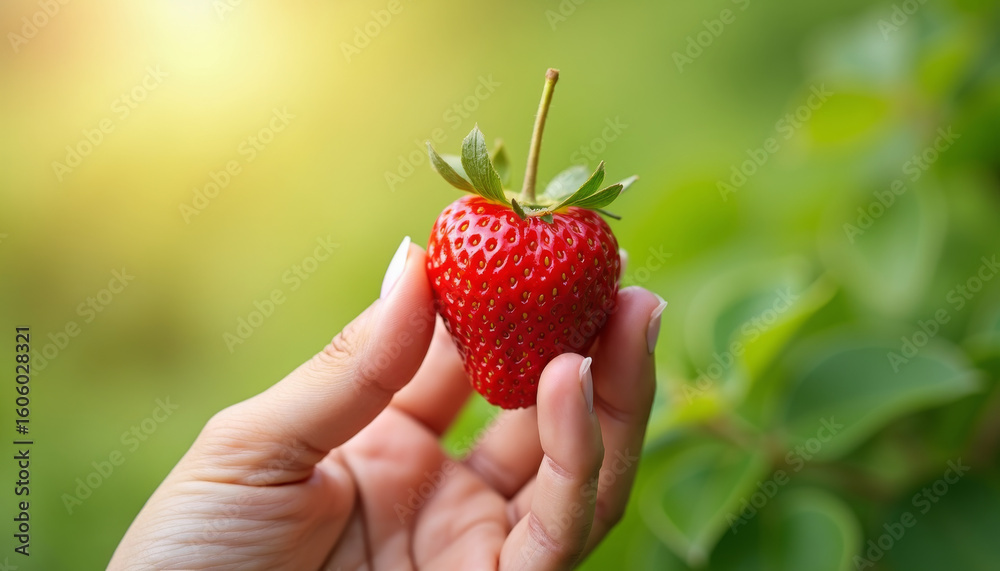 Obraz premium Fresh Strawberry Hand Harvest in Nature - Organic Fruit Photography with Green Background