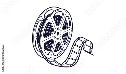 Vintage film reel with unspooling strip hand drawn sketch