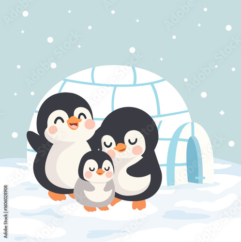Cartoon Penguin Family in Front of Igloo
