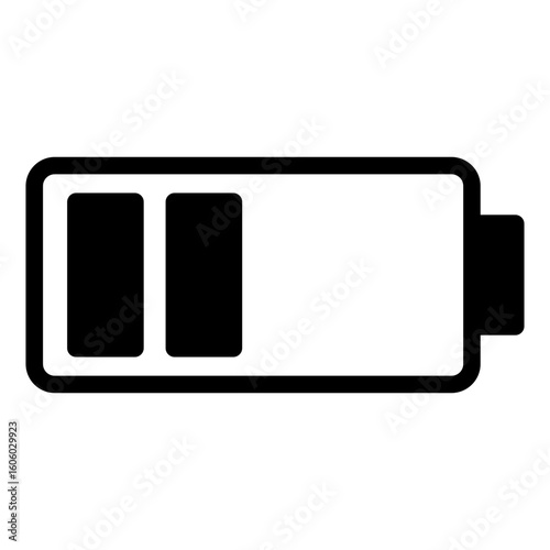 Battery is shown with a low charge. The battery is black and white. The battery is almost dead