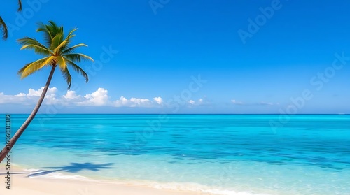Idyllic Tropical Paradise Beach with Palm Trees and Turquoise Water  Summer Vacation Background.