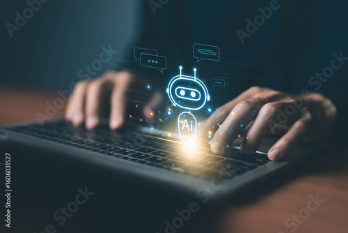 development which is smart robot conversation. communication is open for chat customers, chatbot digital technology, and bot artificial intelligence. concept of AI generates command prompt information